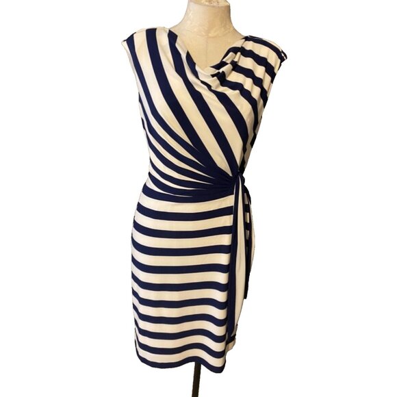 Ralph Lauren Dress Navy Blue Ivory 8 Stripe Stretch Washable Career Church - Picture 2 of 6
